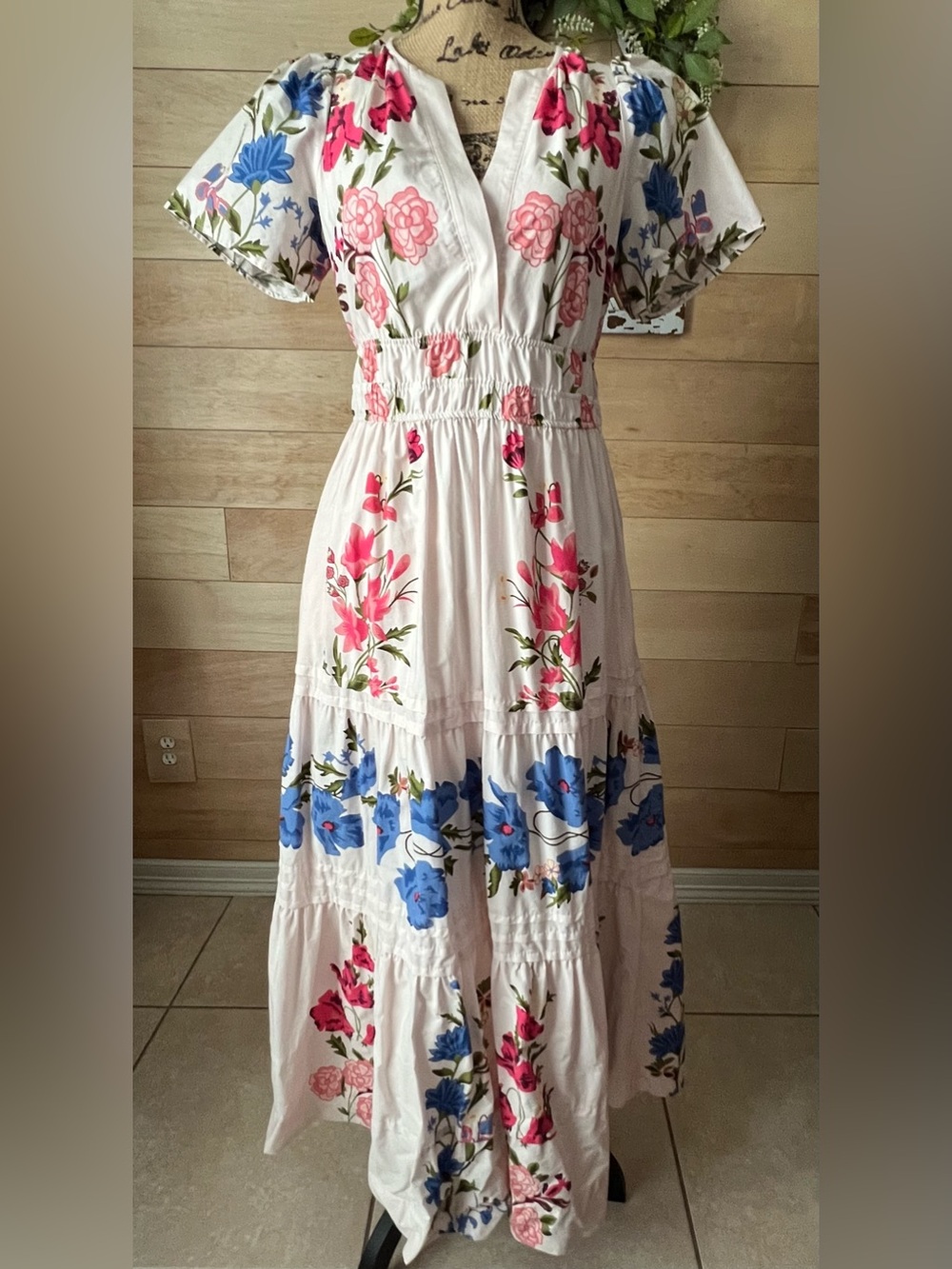 Anthropologie White Maxi Dress with Pink and Blue Floral Print Size XSmall